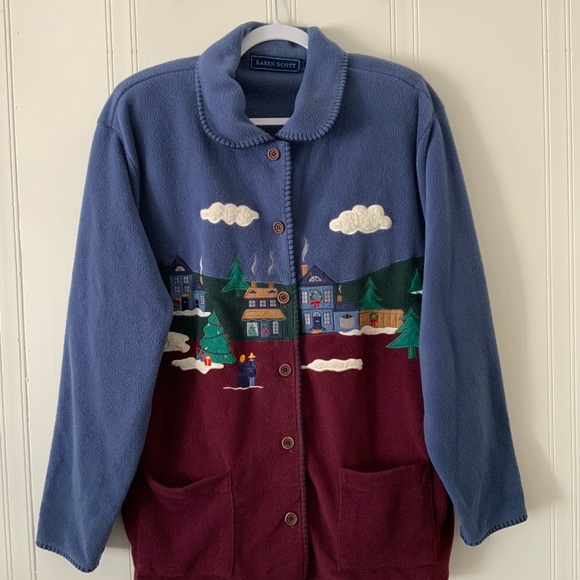 Karen Scott Blue and Burgundy Cardigan Sweater - Picture 1 of 7